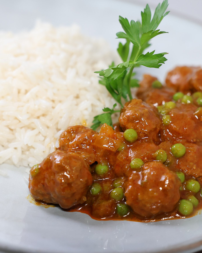 Mini Boulettes de Viande petit pois & carottes, Riz safrané 