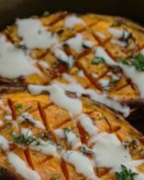 Demi Patate Douce rôti au four avec tehina